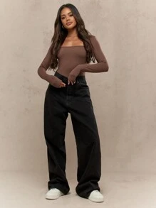 MISSGUIDED Square Neck Long Sleeve Bodysuit Form Fitting Ballet Style Athleisure Leotard Fall Winter Layering Essential Workout Performance Top