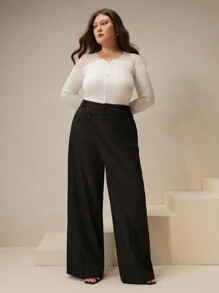 Anewsta Asymmetrical American Style Loose High Waist Wide Leg Suit Pants, Slimming And Versatile, Plus Size - Black - View 5
