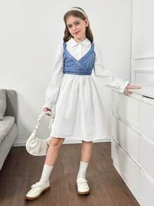 SHEIN 青少年女孩梭织翻领开襟荷叶边袖长袖修身衬衫裙和梭织串珠吊带背心两件套，适合春季外出、返校