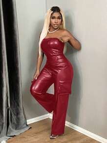 SHEIN SXY Utility Pocket PU Bustier Jumpsuit In Solid Black - Burgundy - View 6