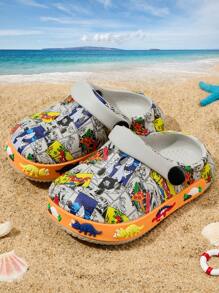 1双男童轻便软底可爱卡通海底世界涂鸦印花休闲百搭护趾沙滩凉鞋，春夏款 - 淺灰色 - 查看 2