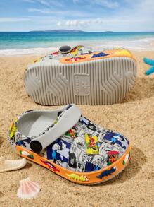 1双男童轻便软底可爱卡通海底世界涂鸦印花休闲百搭护趾沙滩凉鞋，春夏款 - 淺灰色 - 查看 4