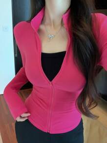 DAZY 女士纯色前拉链长袖修身上衣，休闲日常穿着，秋季服装 - 粉色 - 查看 1