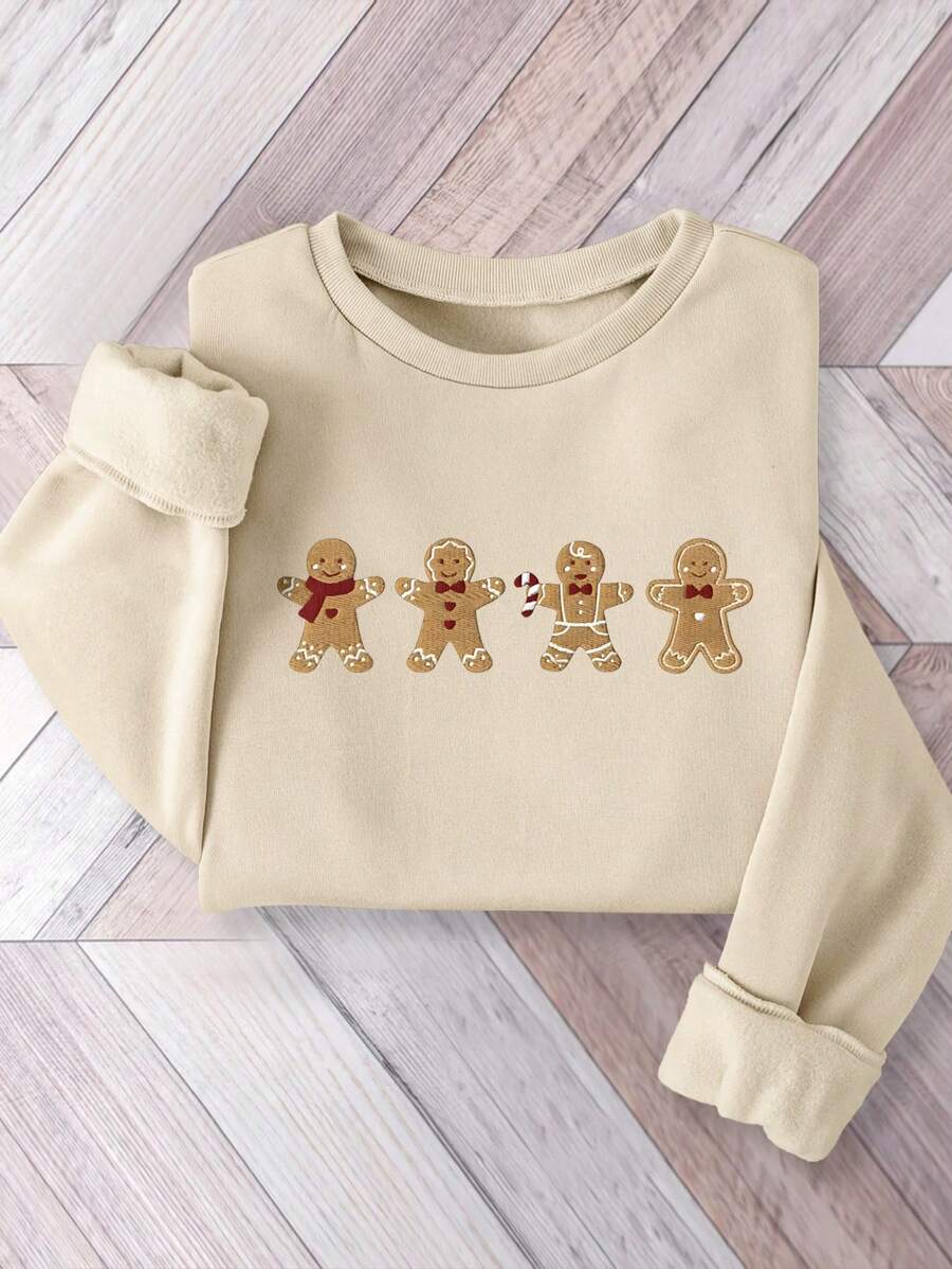INAWLY Áo sweatshirt nữ tay dài cổ tròn in hình người bánh gừng Giáng sinh, kiểu dáng thường ngày, thích hợp mặc mùa thu/đông. - Màu be - Xem 1