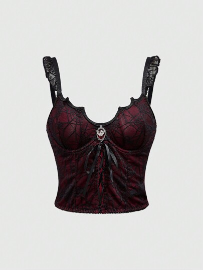 Goth Parte superior de mujer de tirantes con contraste de color, lazo y diseño de telaraña gótica sexy