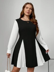 SHEIN Frenchy Vestido A-line de cuello redondo con pliegues y empalme en contraste blanco y negro, de elegancia francesa, talla grande - Blanco y Negro - Ver 6
