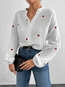Cottnline Heart Print Lantern Sleeve Blouse - White - View 6