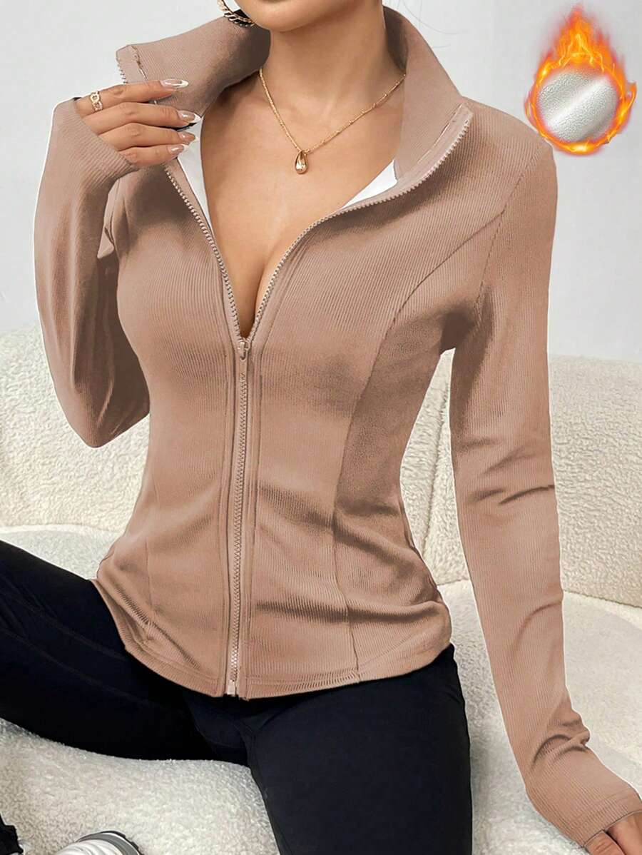 Chiquease Women Zip-Up Collar Solid Color Slim Fit Casual Jacket, Everyday Minimalist Style - Khaki - View 1