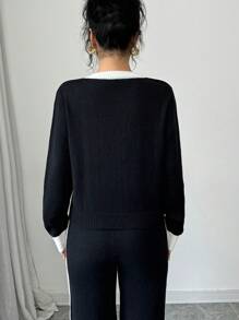 Elenzga Damski sweter w jednolitym kolorze z patchworkowym wzorem i okrągłym dekoltem i długim rękawem