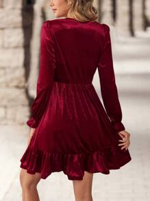 EMERY ROSE Women Elegant Solid Color Round Neck Bell Sleeve Velvet Dress For Women - Burgundy - View 2