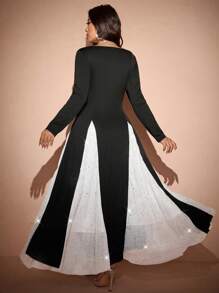 Allurite Vestido de punto de manga larga para mujer de talla grande con panel de encaje en la cintura, diseño de color block, para fiestas y eventos de noche, vestimenta maxi de mujer para otoño/invierno