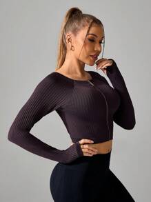 Easithlete Women's Solid Color Front Zipper Long Sleeve Casual Short Sports Jacket, Minimalist Style - Purple - View 6