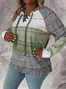 SHEIN LUNE Plus Size Women Raglan Sleeve Sweatshirt With Tie Closure, Fluffy For Autumn/Winter - Green - View 4