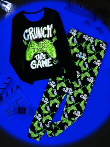Boys' Glow-In-The-Dark Game Controller Graphic Tight-Fit Long Sleeve Top And Long Pants Pajama Set - Multicolor - View 3