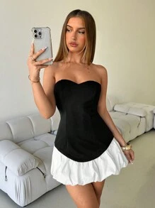 Aloruh Vestido mini de tubo ajustado en contraste blanco y negro con escote corazón sexy para mujer