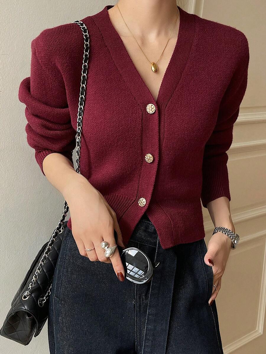 DAZY Encore Red Solid V-Neck Cardigan For Women, Valentine's Day & Chinese New Year,Fall Women Clothes - Burgundy - View 1