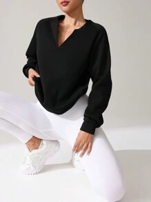 Easithlete Easithlete 女士纯色 V 领长袖休闲运动运动衫 - 黑色 - 查看 7