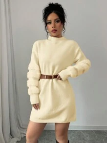 Elenzga Women's Solid Color Stand Collar Long Sleeve Simple Short Sweater Dress - Apricot - View 4