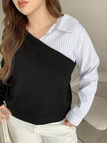 Dazy Petite Plus Color Block Patchwork Asymmetrical Knit Pullover Sweater, Black & White, Spring Autumn,Fall Women Clothes