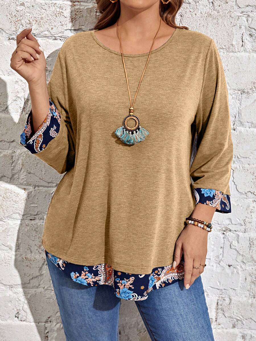 EMERY ROSE Women Plus Size Plant Print Patchwork Loose Round Neck Casual T-Shirt, Autumn