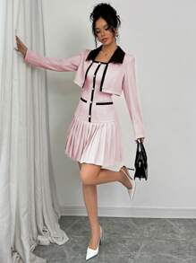Elenzga Women's High-End Design Sense Color Block Collared Long Sleeve Jacket & Pleated Hem Dress Set, Spring Autumn Fall Cloth For Women