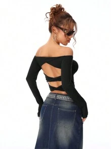 SHEIN EZwear Damen Herbst/Winter Y2K Strick leicht Off-Shoulder T-Shirt - Schwarz - Übersicht 2