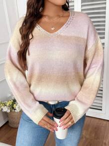 EMERY ROSE Plus Size Women Embellished Gradient Color Sweater, Fashion Loose V-Neck Casual Wear Knitted Top, Autumn/Winter - Khaki - View 3