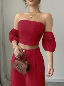 Elenzga 2pcs/Set Elegant Solid Color Off-Shoulder Cropped Top And Long Pants For New Year Clothes