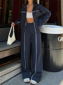 INAWLY Conjunto de dos piezas para mujer con sudadera de manga larga, cuello alto y cremallera, y pantalones rectos de cintura relajada con bolsillos, ambos de unicolor