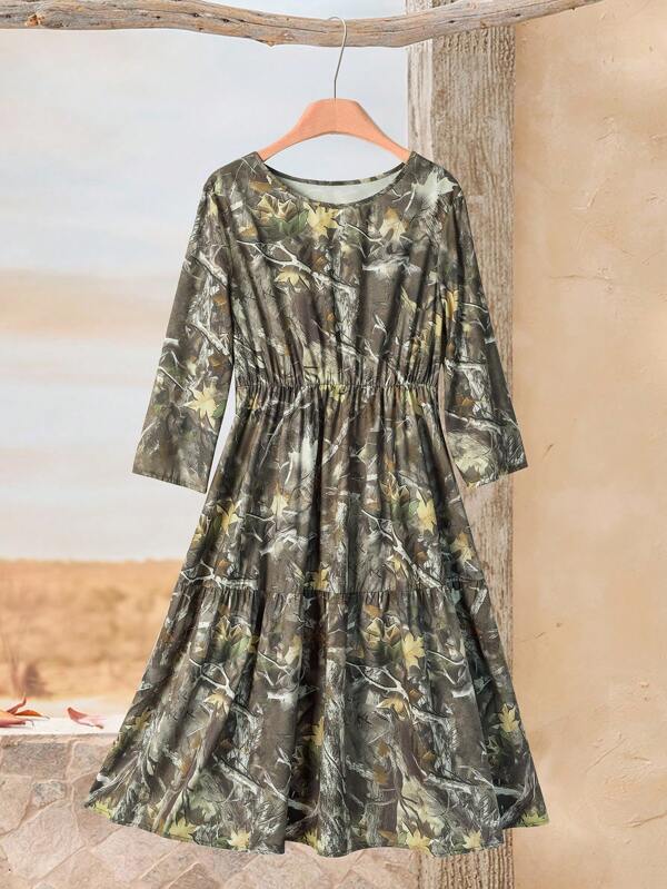 Rusticease Women Round Neck Long Sleeve Pleated All-Over Print Minimalist Short Casual Dress