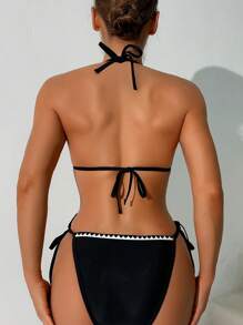 SHEIN Swim Women 2pcs Set Solid Color Ruffle Trim Halter Bikini For Summer Beach Vacation - Black - View 2