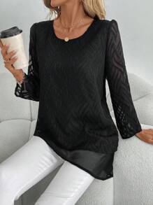 EMERY ROSE Spring Clothes Women's Loose Mesh Long Sleeve Round Neck Blouse, Autumn - Black - View 5