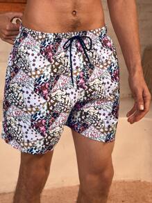 Manfinity VDAYZ 男士印花前系腰休闲沙滩裤，适合度假 - 彩色 - 查看 7