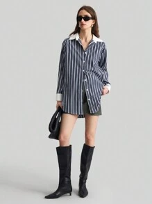 Ontre Chân váy ngắn dập nổi màu xám, chân váy da giả hàng ngày lấy cảm hứng từ phong cách Pháp dành cho nữ, thời trang cho mùa thu/đông - Bạc - Xem 5