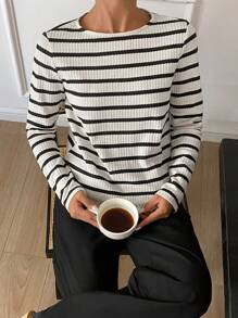 SHEIN Frenchy Women Crew Neck Long Sleeve Fringe Hem Striped Print Textured Waffle Casual T-Shirt,For Daily Wear,Old Money Simple,Suitable For Spring, Summer And Autumn,French Holiday Outfits Winter - Multicolor - View 4