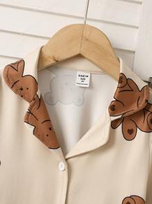 SHEIN Set de 2 piezas de conjunto de ropa informal de homewear con cárdigan y pantalones con estampado de oso lindo en color albaricoque para niña joven - Albaricoque - Ver 6