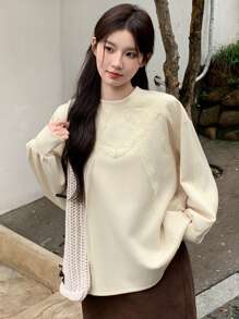 DAZY Felpa ampia da donna con collo tondo e bordo in pizzo, abbigliamento autunnale da donna - Albicocca - Visualizzare 3