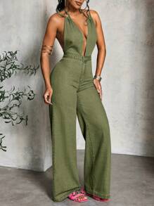 Slaydiva Women's Front Button Detachable Strap Back Tie Casual Denim Bib Pants - Army Green - View 3