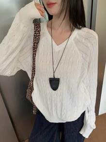 DAZY Suéter holgado de manga larga, cuello en V, de unicolor, casual para mujer