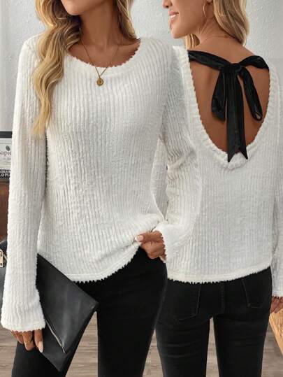 EMERY ROSE 女士圆领长袖撞色系带休闲 T 恤