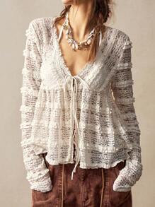 Bohemela Casual Solid Color Knit Lace Up V-Neck Long Sleeve Loose Blouse For Women