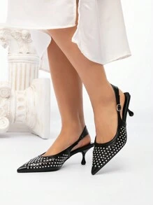 CUCCOO CHICEST Women's Pointed Toe Rhinestone Decor Hollow Out Mid Heel Sexy Elegant Sophisticated Pumps, Black Artificial Leather, Suitable For Parties, Nightclubs - Black - View 4