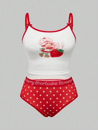 Strawberry Shortcake | ROMWE Plus Size Cute Strawberry Print Wireless Lingerie Bra And Panty Set
