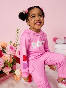 女婴字母印花休闲连帽衫和裤子套装 - 粉色 - 查看 6