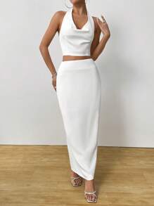 SHEIN Unity Conjunto de 2 piezas de top y falda de unicolor elegante para mujer, para fiesta, conjunto de dos piezas - Blanco - Ver 4