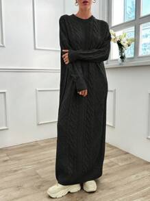 EURMUSE Cable Pattern Sweater Dress Solid Color Long Sleeve Casual Daily - Black - View 3