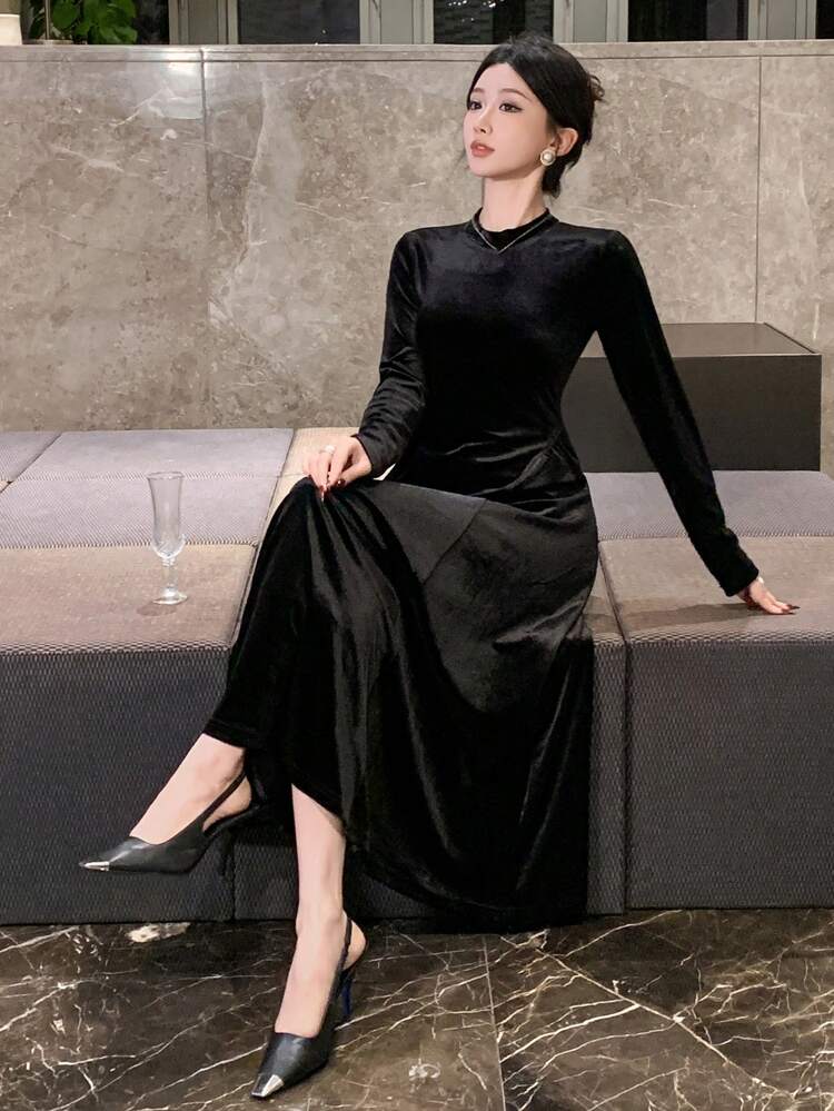 Women Backless Tie-Up Velvet Mid-Length Dress Prom Dress,Fall Dress Long Sleeve Dress Elegant Women Dresses Maxi Dress
