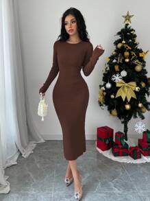 Elenzga 女士圆领长袖蝴蝶结装饰后背修身优雅针织毛衣连衣裙，秋冬