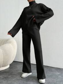 EURMUSE 2pcs/Set Women's Solid Color Sweater Top And Pants Set - Black - View 3