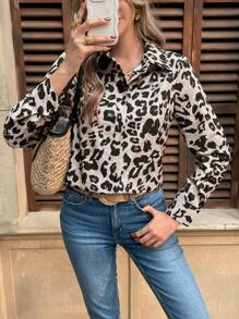 SHEIN Frenchy 女式豹纹长袖单排扣休闲衬衫，秋季 - 彩色 - 查看 6